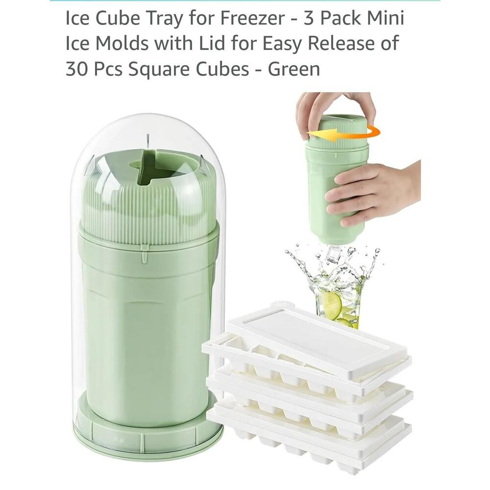 Ice Cube Tray - 3 Pack Mini Ice Molds with Lid 30 Pcs Square Cubes - Green